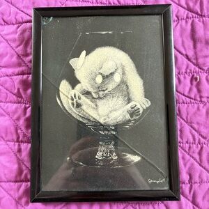 VTG Framed Sleeping Kitten in Glass Signed By Artist Campbell Cracked Glass